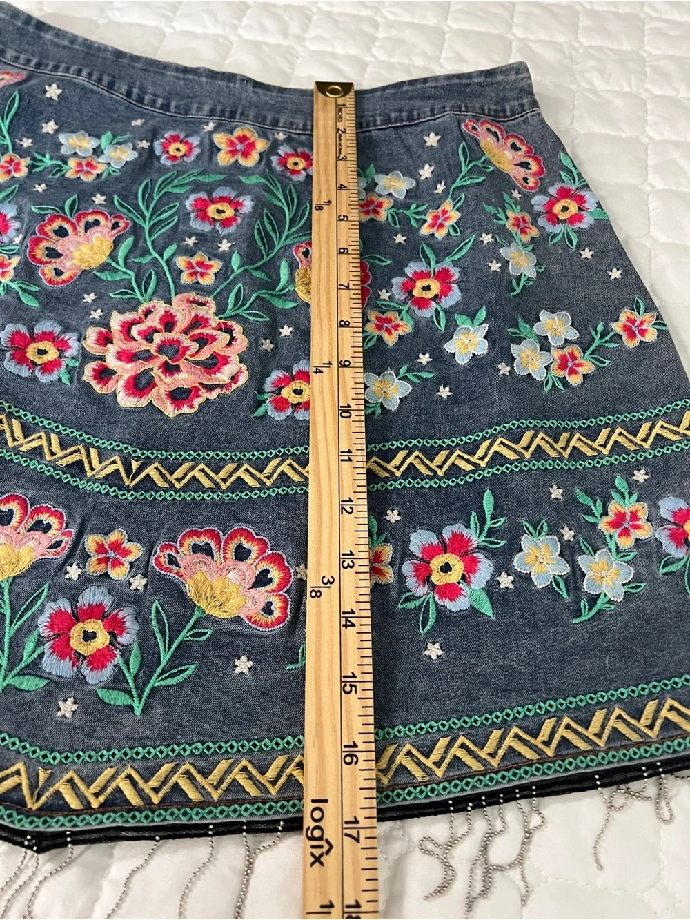 Savanna Jane Denim Floral Embroidered Womens Large Colorful Boho Tight Skirt